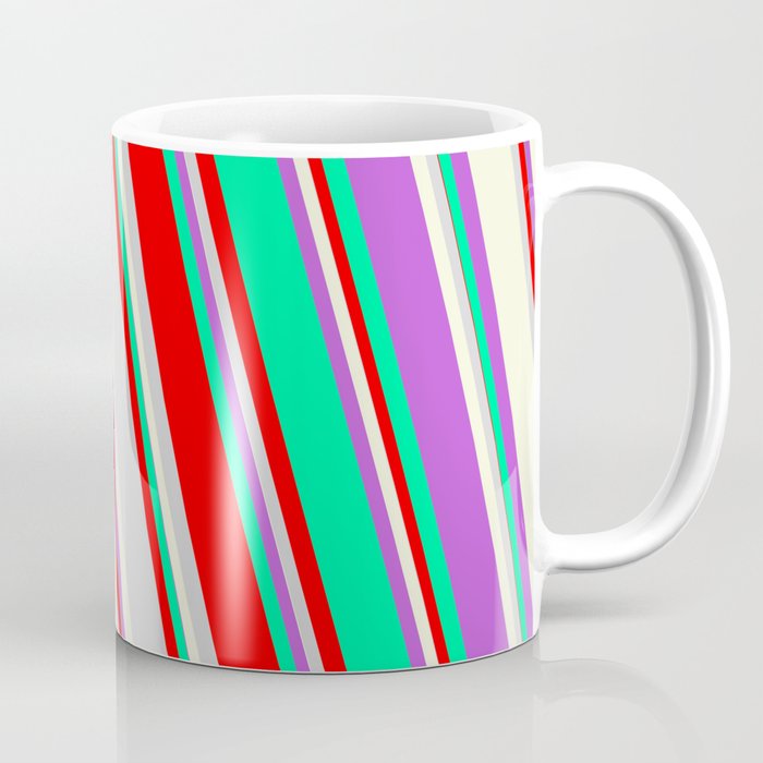 Colorful Orchid, Green, Red, Light Gray, and Beige Colored Striped/Lined Pattern Coffee Mug