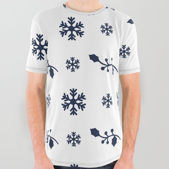 Christmas Pattern White Navy Blue Floral Snowflake All Over Graphic Tee