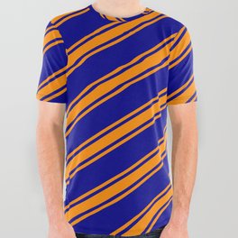 [ Thumbnail: Dark Blue and Dark Orange Colored Lines/Stripes Pattern All Over Graphic Tee ]