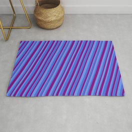 [ Thumbnail: Cornflower Blue, Royal Blue & Purple Colored Pattern of Stripes Rug ]