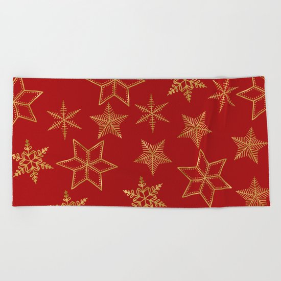 Snowflakes Red And Gold Beach Towel