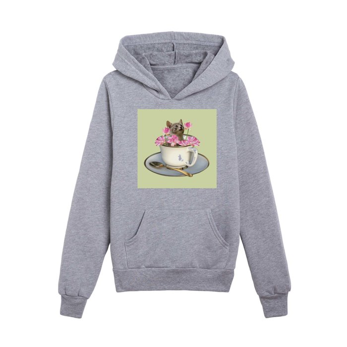 Grey Kitty Cat in Cup with Lotus Flower Kids Pullover Hoodie