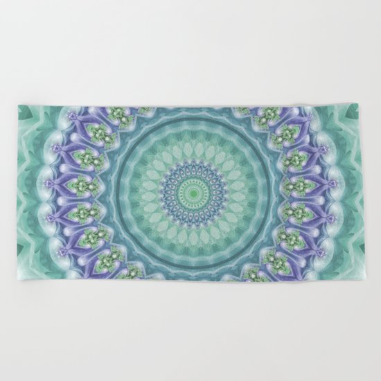 Bright Green and Purple Fractal Kaleidoscope Mandala Beach Towel