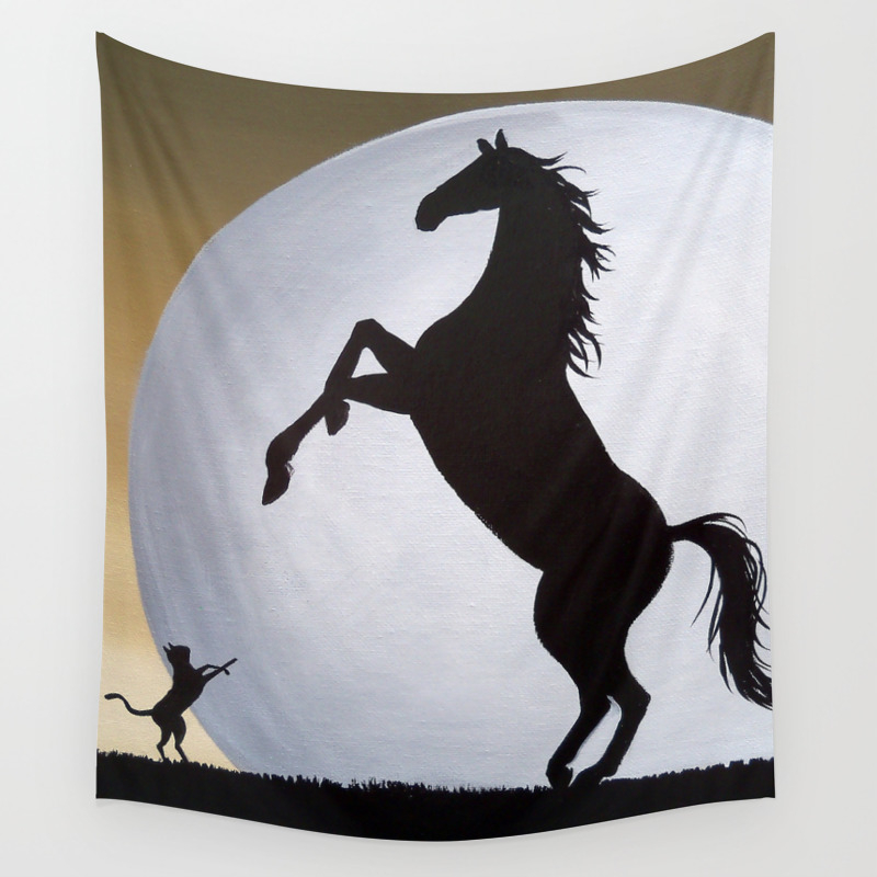 Copy Cat Horse Cat Folk Art Painting Wall Tapestry By Folkartmama