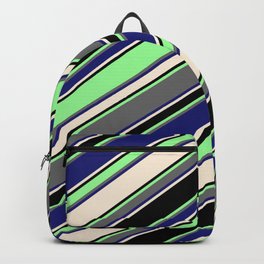 [ Thumbnail: Vibrant Green, Dim Grey, Midnight Blue, Beige & Black Colored Striped Pattern Backpack ]