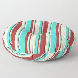 [ Thumbnail: Brown, Light Yellow, and Turquoise Colored Lined Pattern Floor Pillow ]