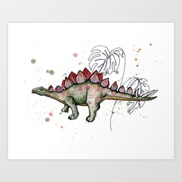 Boho Watercolor Stegosaurus Dinosaur Art Print