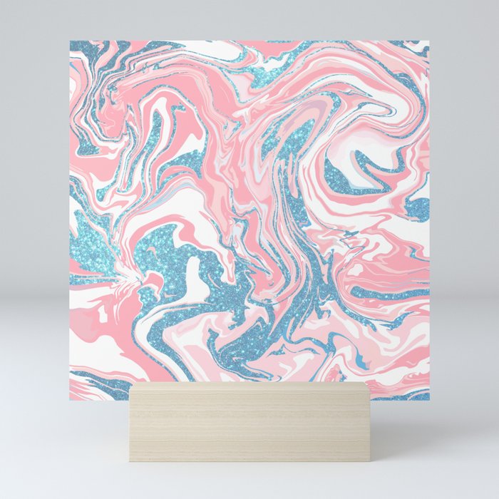 Modern White Pink Blue Glitter Marble Mini Art Print