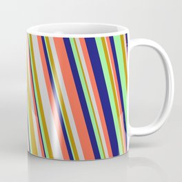 [ Thumbnail: Midnight Blue, Red, Light Grey, Dark Goldenrod & Light Green Colored Lined/Striped Pattern Coffee Mug ]