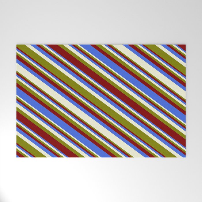 Green, Maroon, Royal Blue, and Beige Colored Stripes/Lines Pattern Welcome Mat