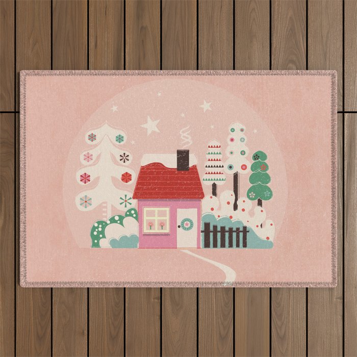 Festive Winter Hut in pink Outdoor Rug by showmemars