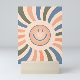 Retro Colored Smile Face with Sun Rays Mini Art Print
