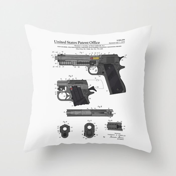 Colt 1911 Handgun Patent Throw Pillow