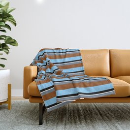 [ Thumbnail: Colorful Slate Gray, Brown, Light Sky Blue, Black & Mint Cream Colored Striped Pattern Throw Blanket ]