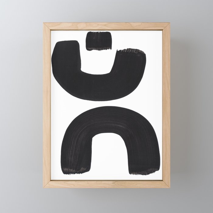 Black And White Minimalist Mid Century Abstract Ink Art Curved Tribal Mysterious Shapes Framed Mini Art Print