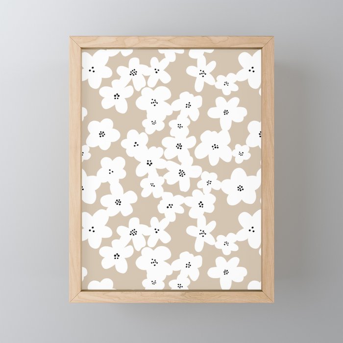 Modern Tan White Flowers Matisse Inspired Framed Mini Art Print