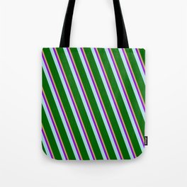 [ Thumbnail: Brown, Dark Khaki, Dark Violet, Powder Blue, and Dark Green Colored Lined/Striped Pattern Tote Bag ]