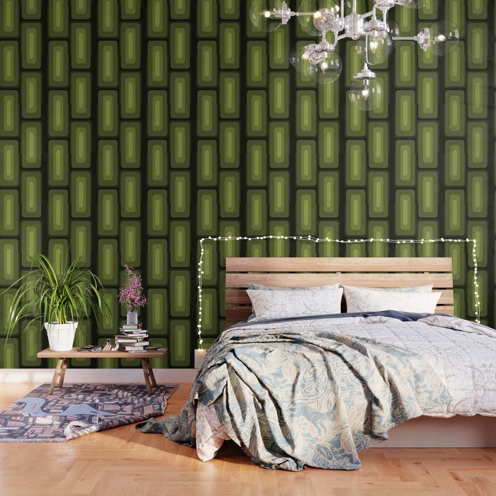 Mid Century Modern Long Rectangles Dark Olive Green Wallpaper by Kay