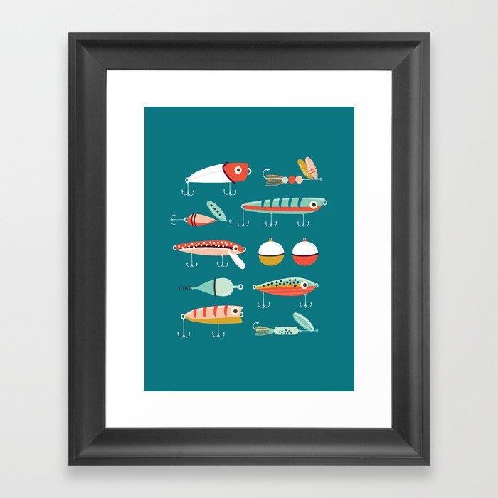 Fishing Lures Blue Framed Art Print by Allison Romero Design