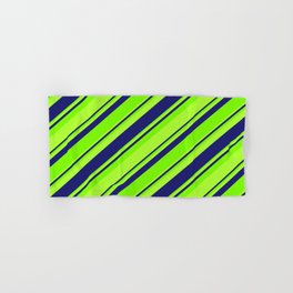 [ Thumbnail: Green, Light Green & Midnight Blue Colored Striped/Lined Pattern Hand & Bath Towel ]