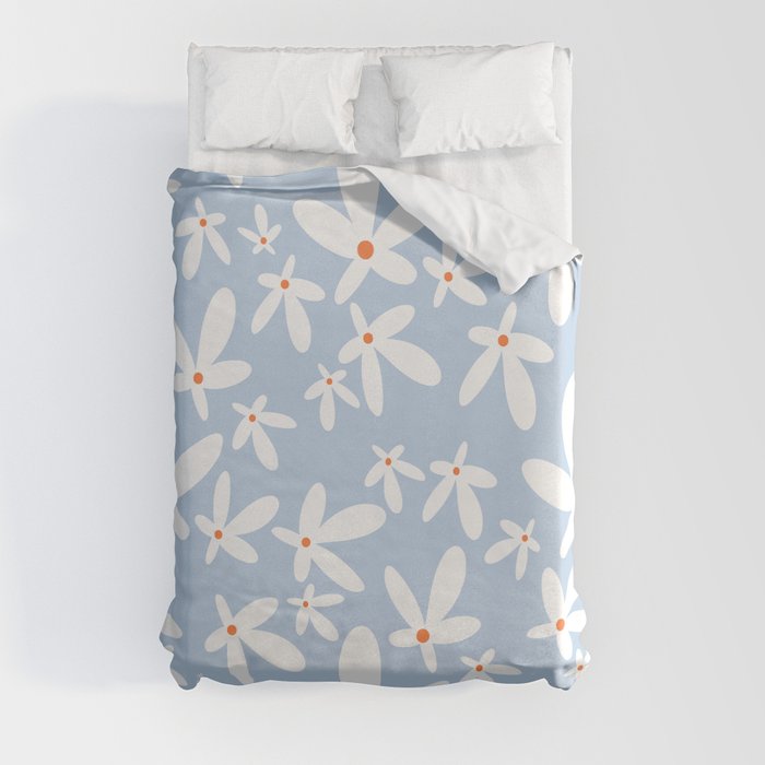 Quirky Floral in Light Blue, Orange and White Duvet Cover