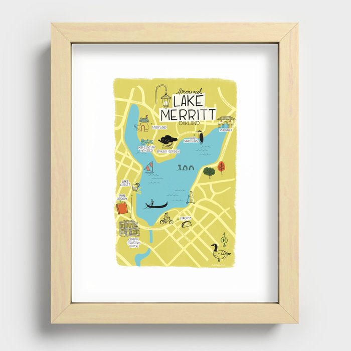 Around Lake Merritt, Oakland Map Recessed Framed Print
