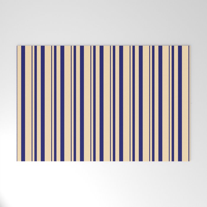 Midnight Blue and Beige Colored Lines Pattern Welcome Mat