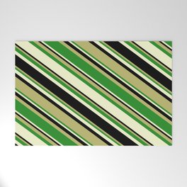 [ Thumbnail: Dark Khaki, Forest Green, Light Yellow, and Black Colored Pattern of Stripes Welcome Mat ]