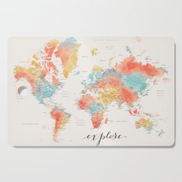 "Explore" - Colorful watercolor world map with cities Cutting Board
