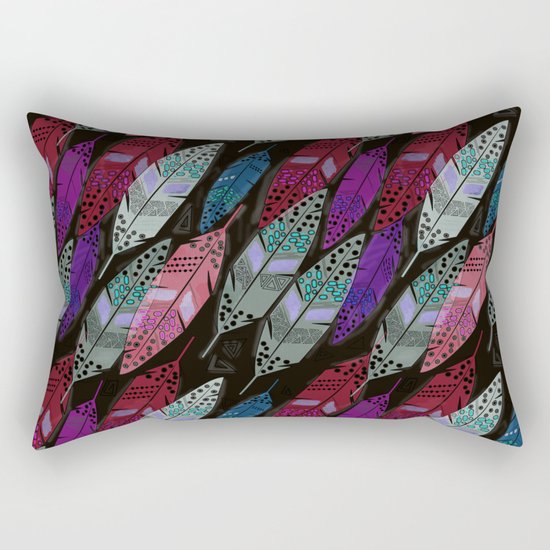 Multi colored feathers on black background . Rectangular Pillow