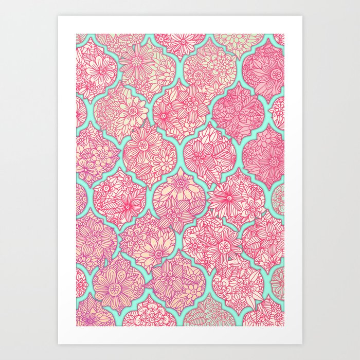 Moroccan Floral Lattice Arrangement in Pinks Art Print