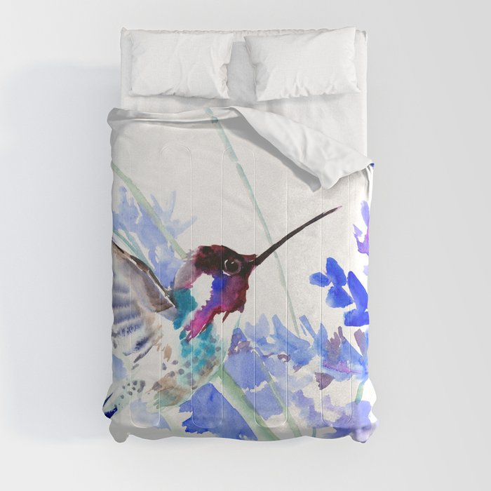 Flying Hummingbird and Blue Flowers Comforter