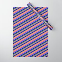 [ Thumbnail: Salmon, Slate Blue, Dark Blue & Sea Green Colored Pattern of Stripes Wrapping Paper ]