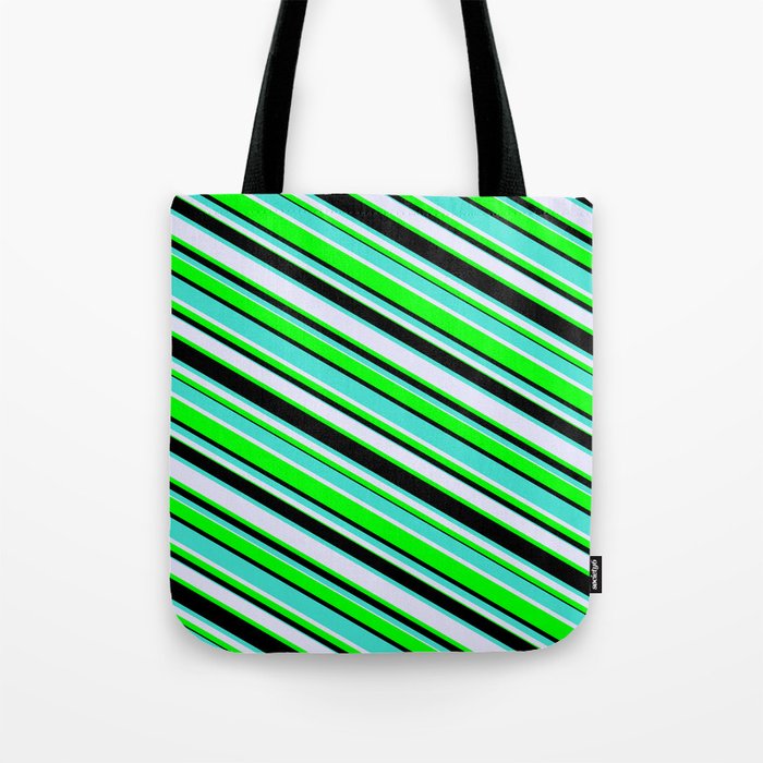 Turquoise, Lavender, Lime & Black Colored Lines Pattern Tote Bag
