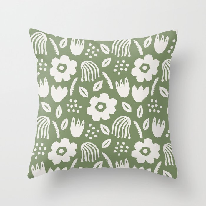 Matisse style cutout flowers sage green Throw Pillow