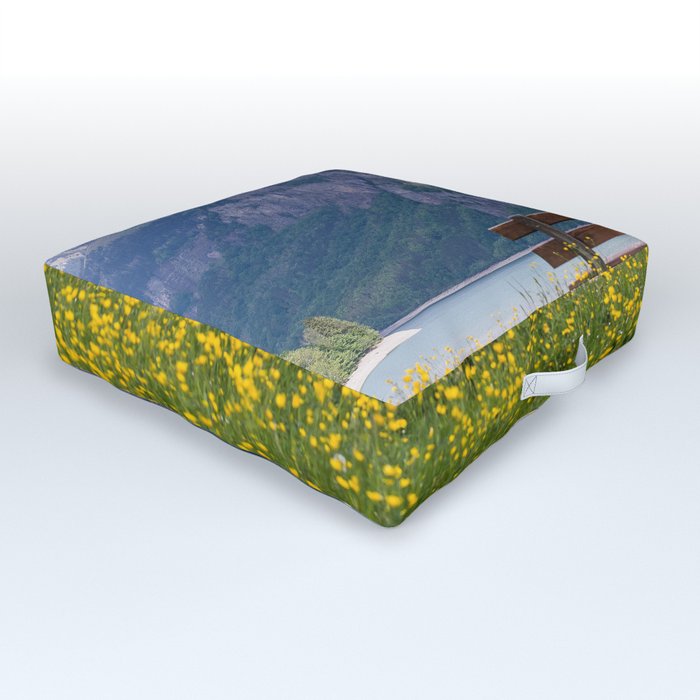 Switzerland Photography - Bench Sitting In The Middle Of A Yellow Flower Field Outdoor Floor Cushion