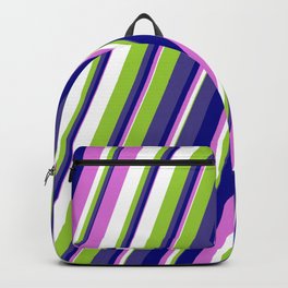[ Thumbnail: Colorful Green, Dark Slate Blue, Blue, Orchid, and White Colored Stripes Pattern Backpack ]