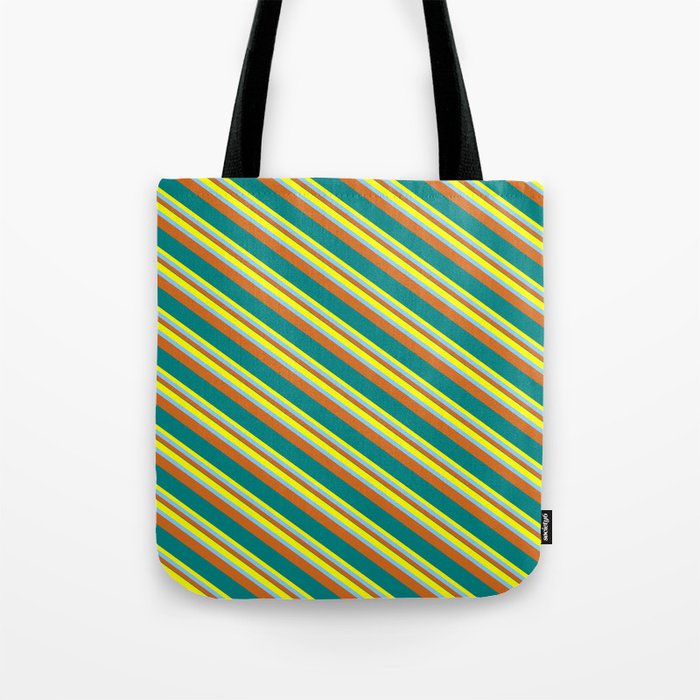 Yellow, Light Sky Blue, Chocolate & Teal Colored Pattern of Stripes Tote Bag