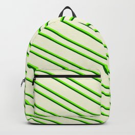 [ Thumbnail: Beige, Green & Dark Green Colored Pattern of Stripes Backpack ]