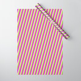 [ Thumbnail: Fuchsia, Pale Goldenrod & Green Colored Pattern of Stripes Wrapping Paper ]