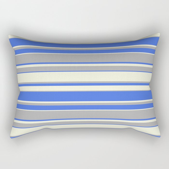 Beige, Dark Grey & Royal Blue Colored Pattern of Stripes Rectangular Pillow