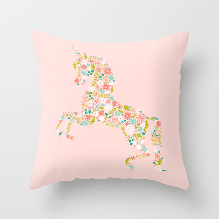 Floral Unicorn in Pink Throw Pillow