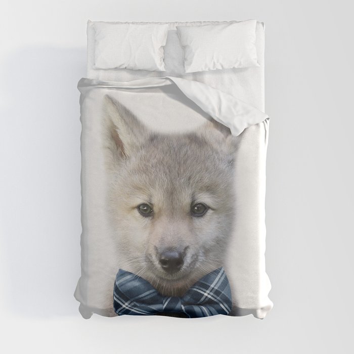 Baby Wolf With Blue Bowtie, Baby Boy Nursery, Baby Animals Art Print by Synplus Duvet Cover