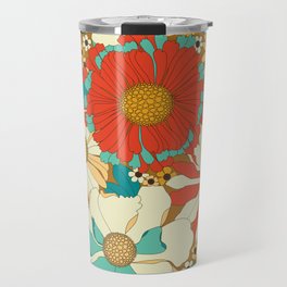Red, Orange, Turquoise & Brown Retro Floral Pattern Travel Mug