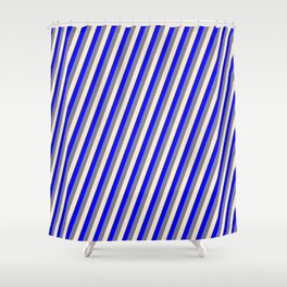[ Thumbnail: Grey, Beige, and Blue Colored Lined Pattern Shower Curtain ]