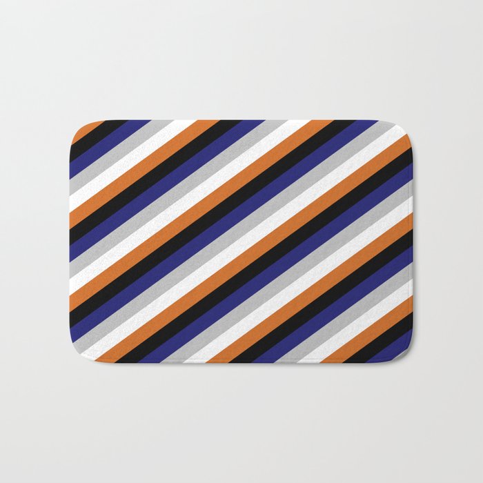 Grey, White, Chocolate, Black & Midnight Blue Colored Lined/Striped Pattern Bath Mat