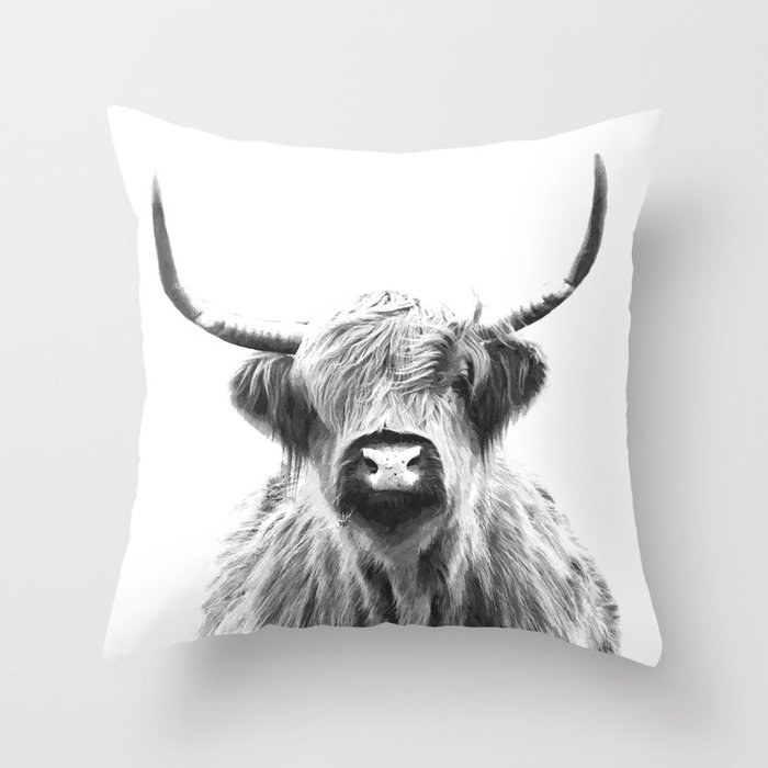 Black and White Highland Cow Portrait Throw Pillow