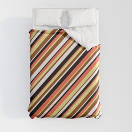 [ Thumbnail: Eyecatching Red, Tan, Brown, White & Black Colored Lined Pattern Duvet Cover ]