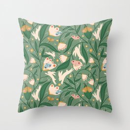 Bunny with floral and butterflies green  Throw Pillow