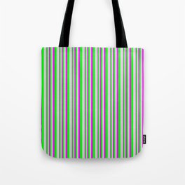 [ Thumbnail: Fuchsia, Lime, and Light Grey Colored Lined/Striped Pattern Tote Bag ]